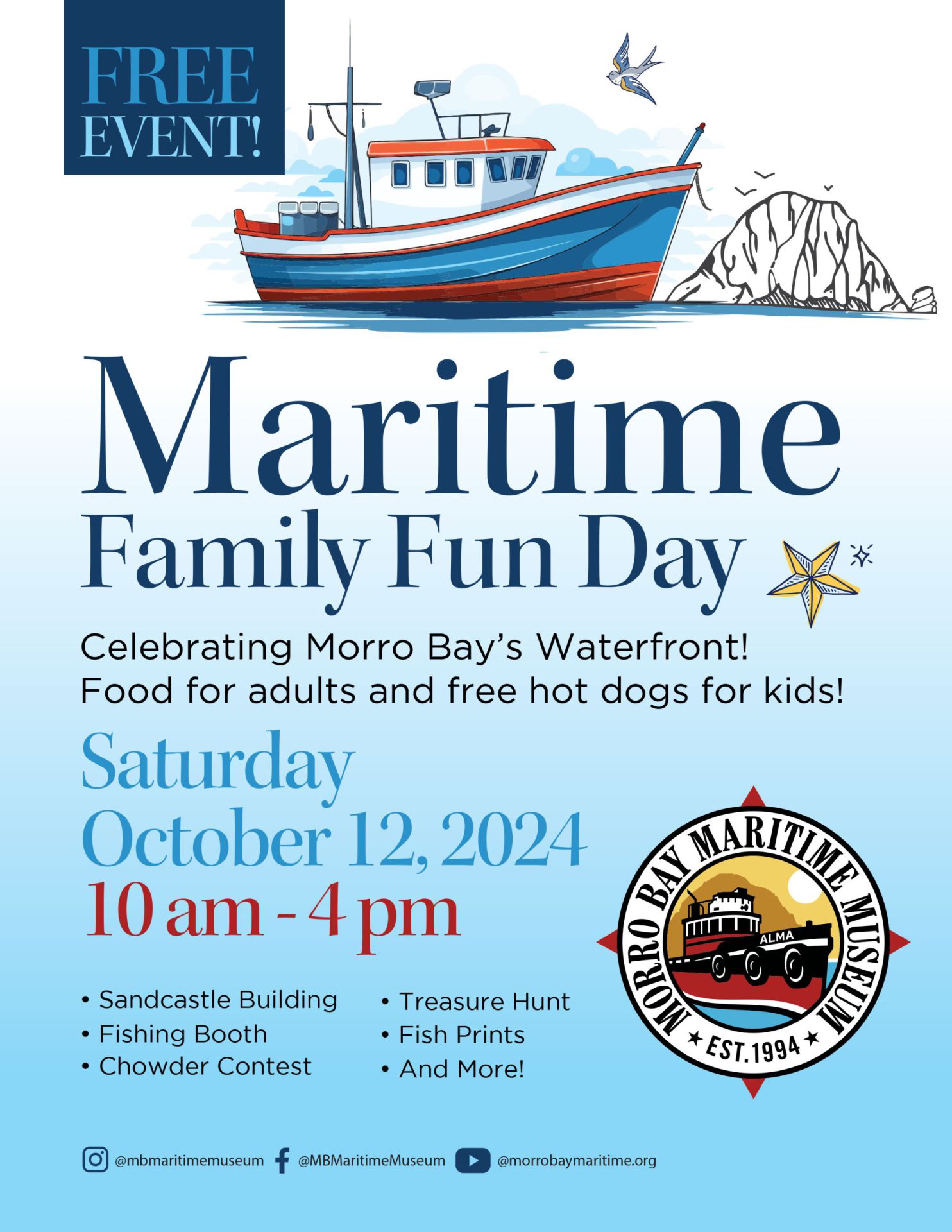 Family Fun Day flyer for the Morro Bay Maritime Museum on October 12, 2024, featuring event details, activities like sandcastle building, fishing booth, chowder contest, and free hot dogs for kids.